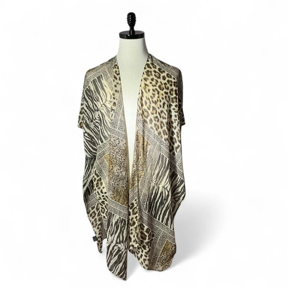 Animal Print Patchwork Kimono Open‎ Front Layering Sheer Wrap Tan Zebra Leopard